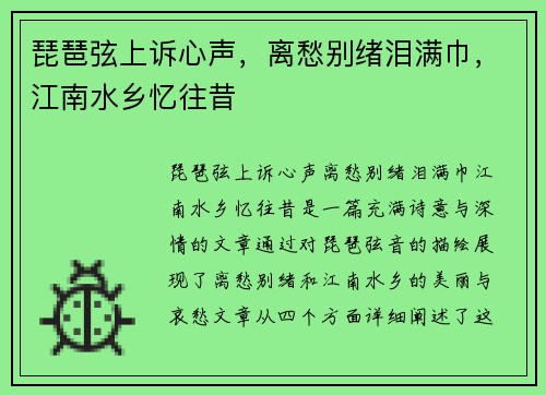 琵琶弦上诉心声，离愁别绪泪满巾，江南水乡忆往昔